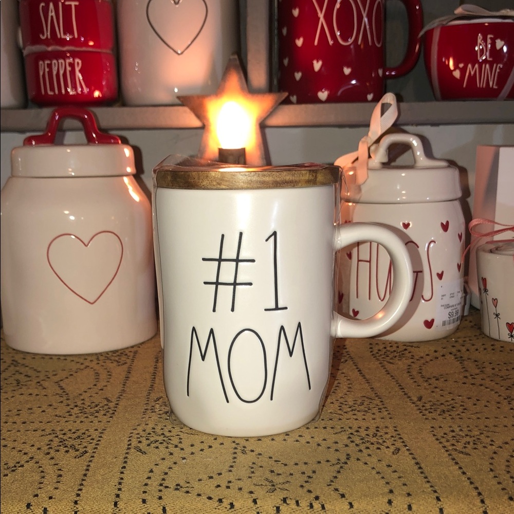 Rae Dunn #1 MOM Mug with Wood Lid/Coaster